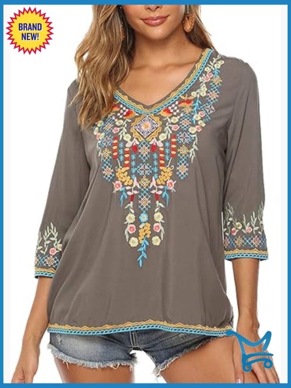 Mexican Embroidered Bohemian Tunic Blouse 3/4 Sleeve V-Neck Plus Size
